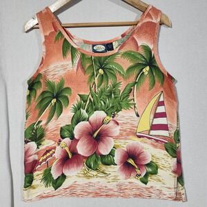 Tommy Bahama Womens Silk Tank Top Orange Tropical Hibiscus Palm Tree Sailboat S‎